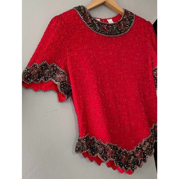 Laurence Kazar Size L XL Red Black Silk Bow Beaded Top Maximalist Dopamine - Picture 2 of 9